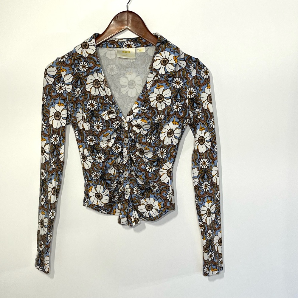 Anthropologie Maeve boho 70s Vibes Top Floral Ruched Button front v-neck XXS - Picture 2 of 7